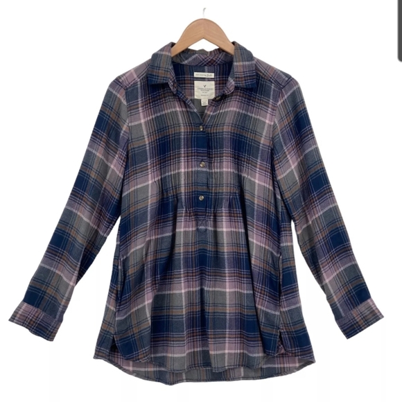 American Eagle Purple Plaid Flannel Pullover Long Sleeve Shirt Top Babydoll - Picture 1 of 6